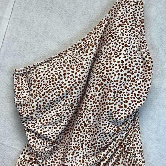 J. CREW One Piece Swimsuit XXL Brown White Animal Print Ruched One Shoulder - Picture 3 of 13